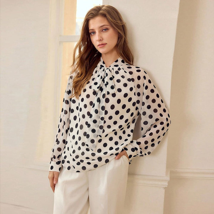 100% Silk Crepe Tie-Neck Blouse Polka Dot Long Sleeve Silk Shirt