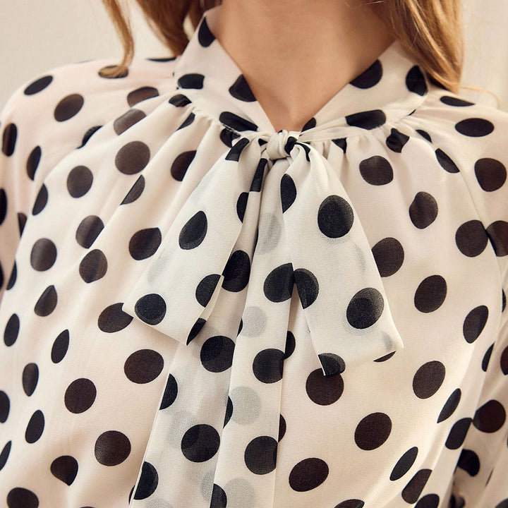 100% Silk Crepe Tie-Neck Blouse Polka Dot Long Sleeve Silk Shirt
