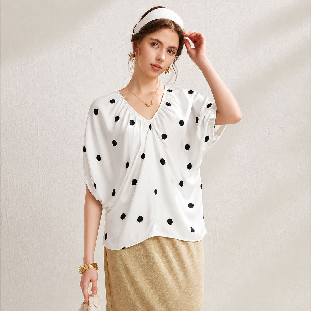 Gathered V-Neck Polka Dot Bawting Sleeve Silk Shirt Short Sleeve Silk Top