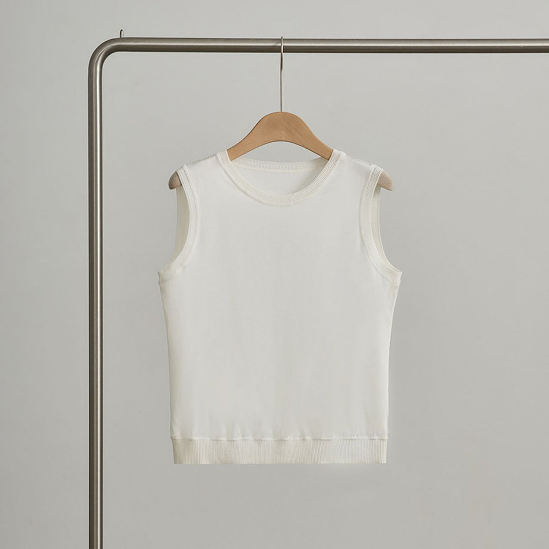Women's Ribbed Trim Sleeveless Crew Neck Mulberry Silk Tank Top