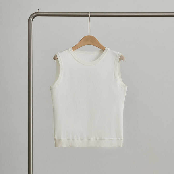 Women's Ribbed Trim Sleeveless Crew Neck Mulberry Silk Tank Top