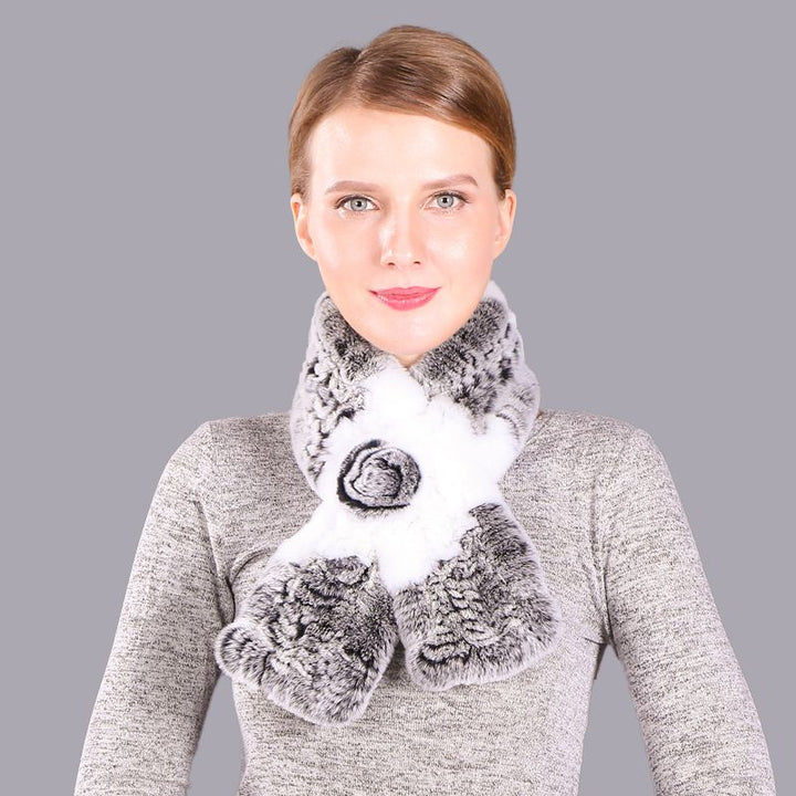 Soft Rabbit Fur Winter Wrap Scarf Stole with Rose Decoration