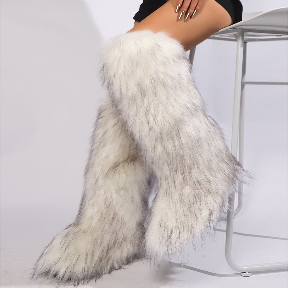 Womens Faux Fur Boot Winter Fluffy Long Furry Boots for Girls Outdoor Fuzzy Knee-High Boots