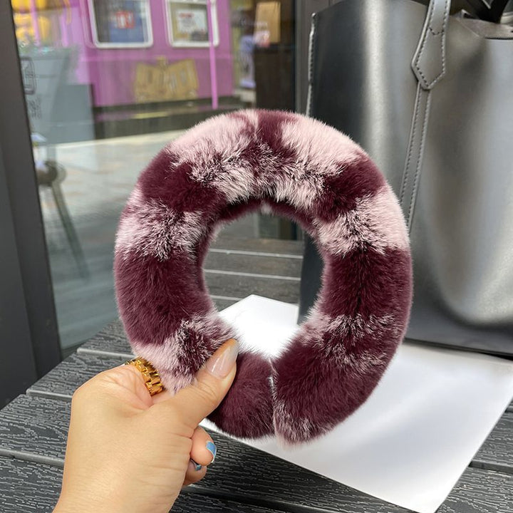 Real Rabbit Fur Headband Women's Soft Plush Leopard Print Hair Accessories