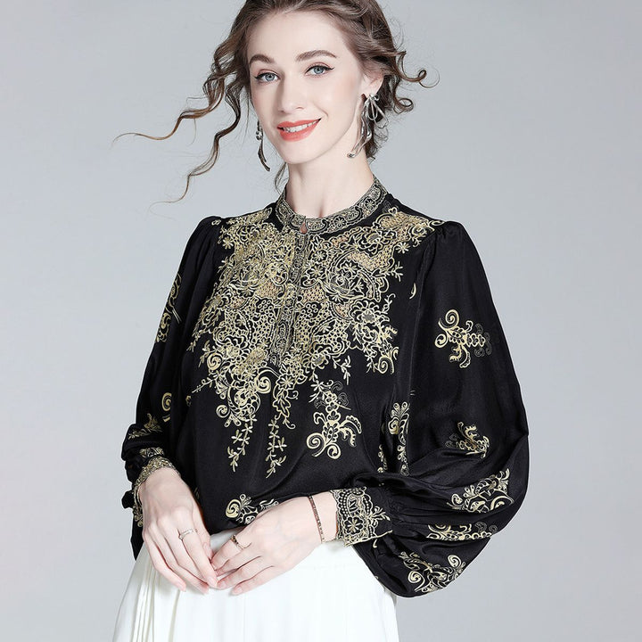 Elegant Black and Gold Floral Embroidered Women's 100% Mulberry Silk Blouse Long Sleeve Shirt