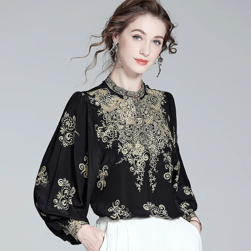 Elegant Black and Gold Floral Embroidered Women's 100% Mulberry Silk Blouse Long Sleeve Shirt