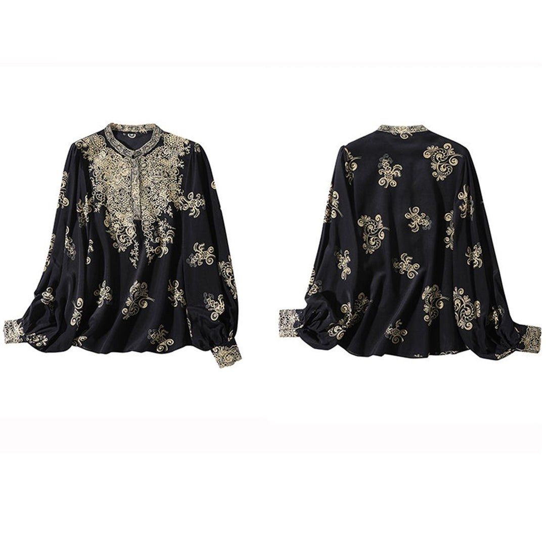 Elegant Black and Gold Floral Embroidered Women's 100% Mulberry Silk Blouse Long Sleeve Shirt