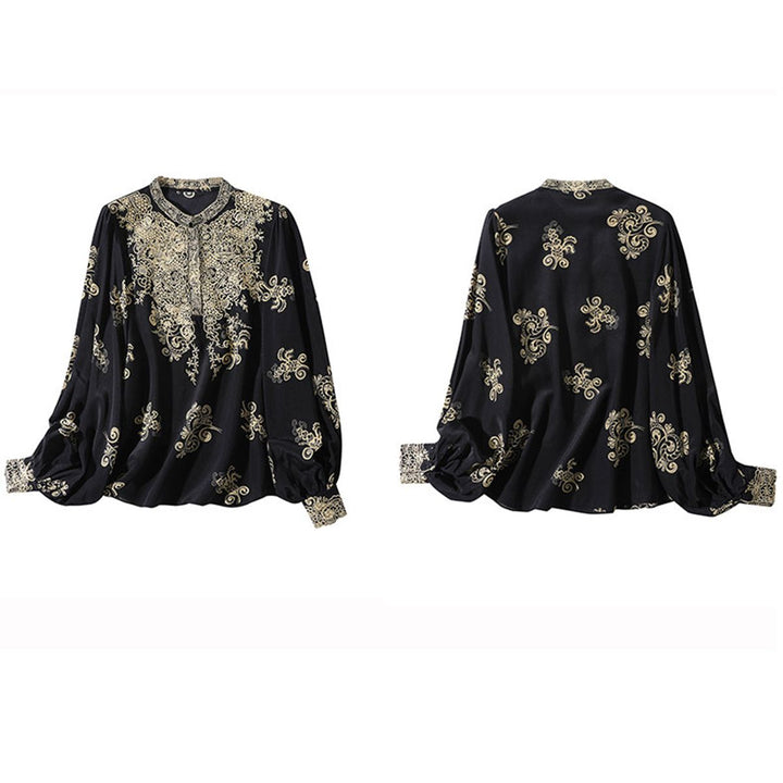 Elegant Black and Gold Floral Embroidered Women's 100% Mulberry Silk Blouse Long Sleeve Shirt