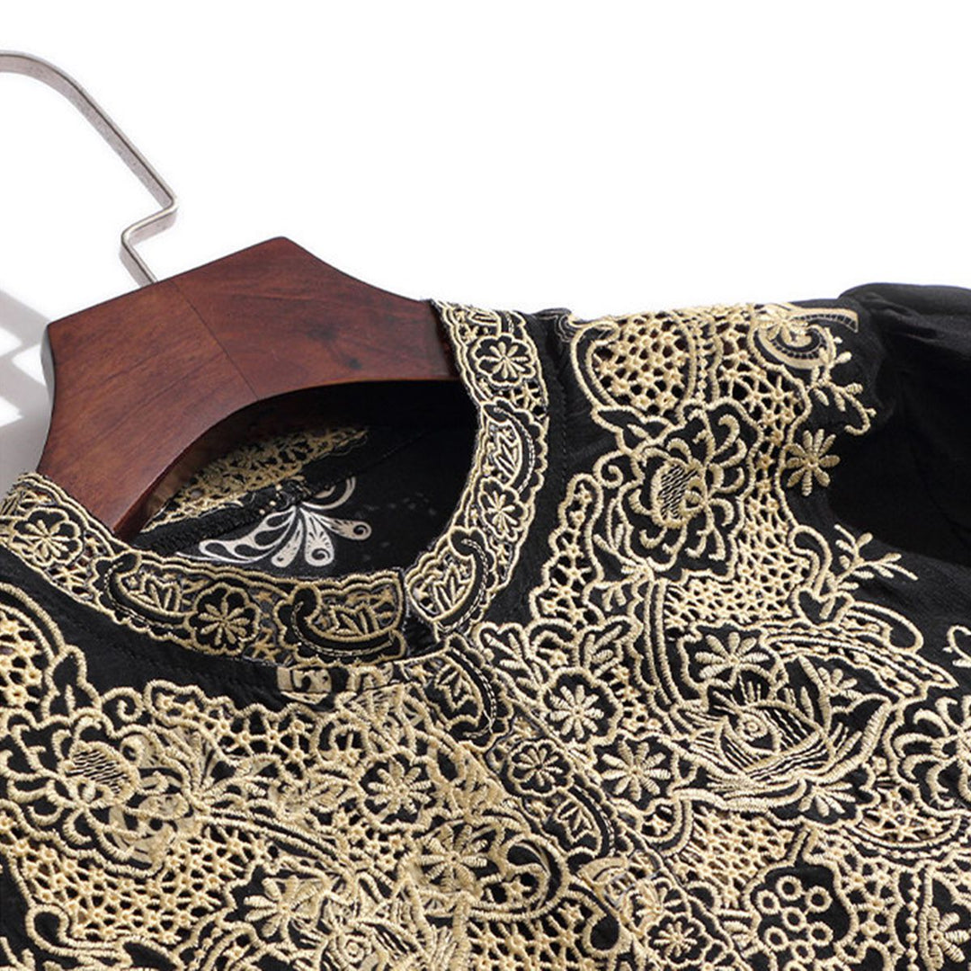 Elegant Black and Gold Floral Embroidered Women's 100% Mulberry Silk Blouse Long Sleeve Shirt