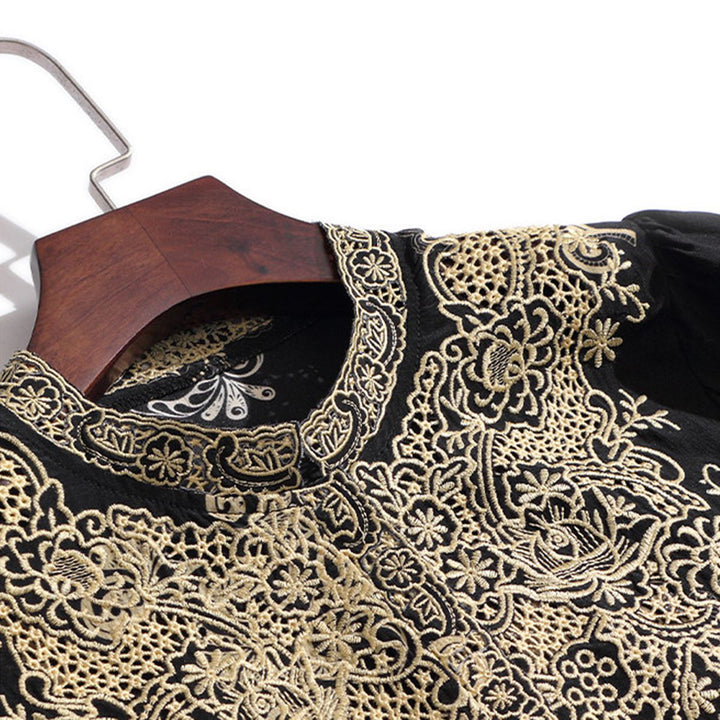 Elegant Black and Gold Floral Embroidered Women's 100% Mulberry Silk Blouse Long Sleeve Shirt