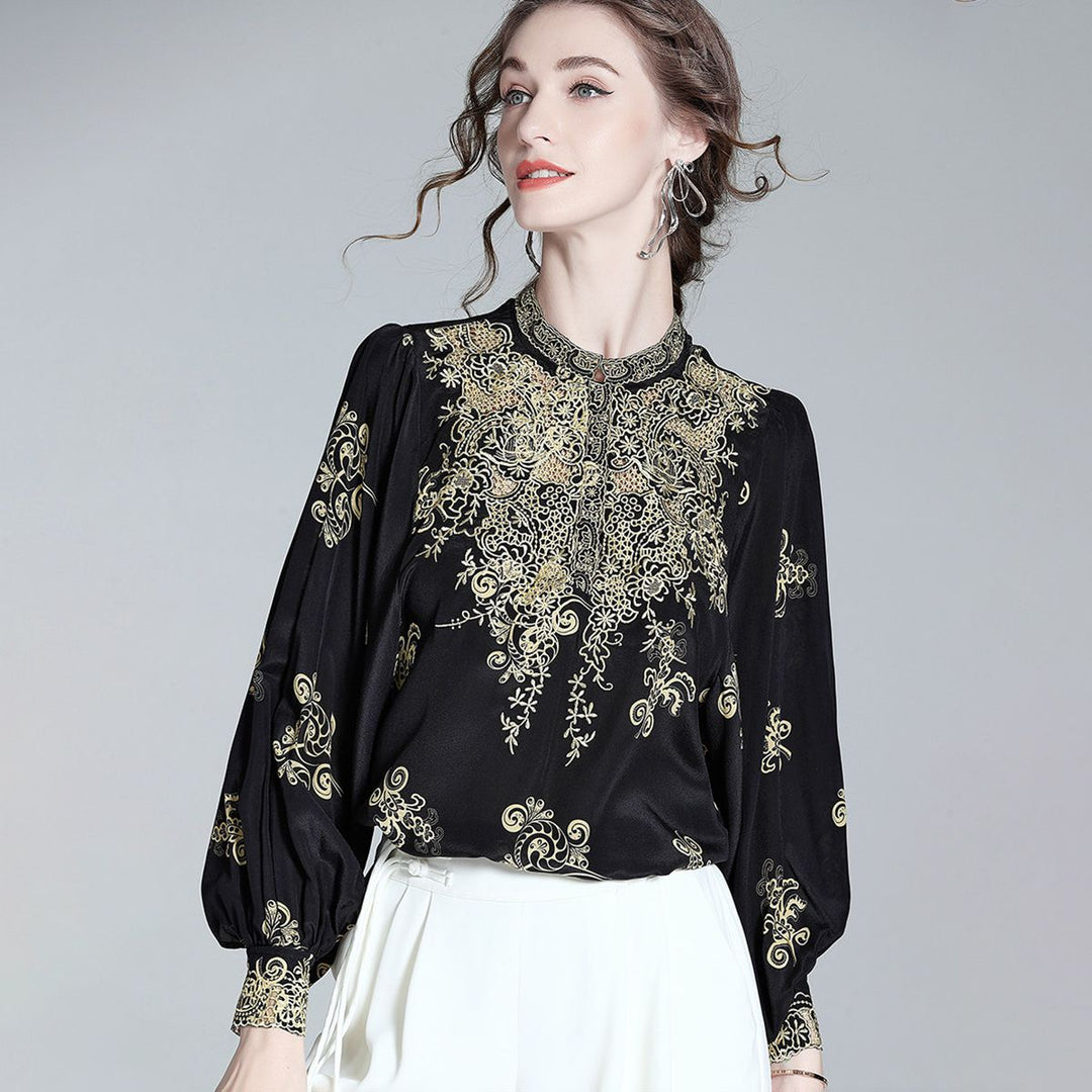 Elegant Black and Gold Floral Embroidered Women's 100% Mulberry Silk Blouse Long Sleeve Shirt