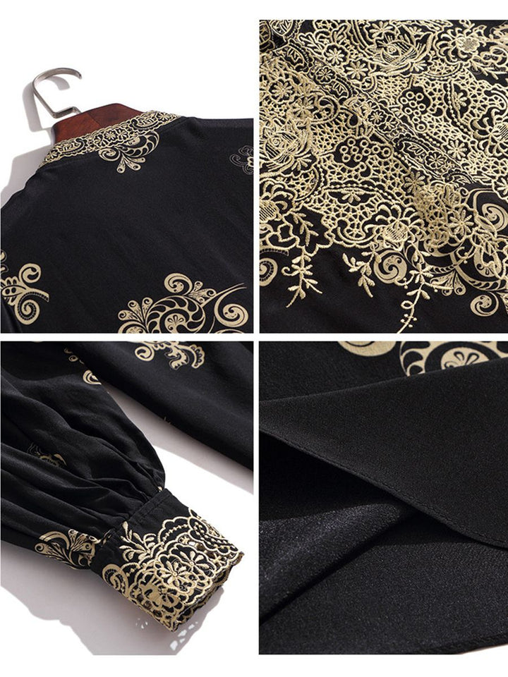 Elegant Black and Gold Floral Embroidered Women's 100% Mulberry Silk Blouse Long Sleeve Shirt