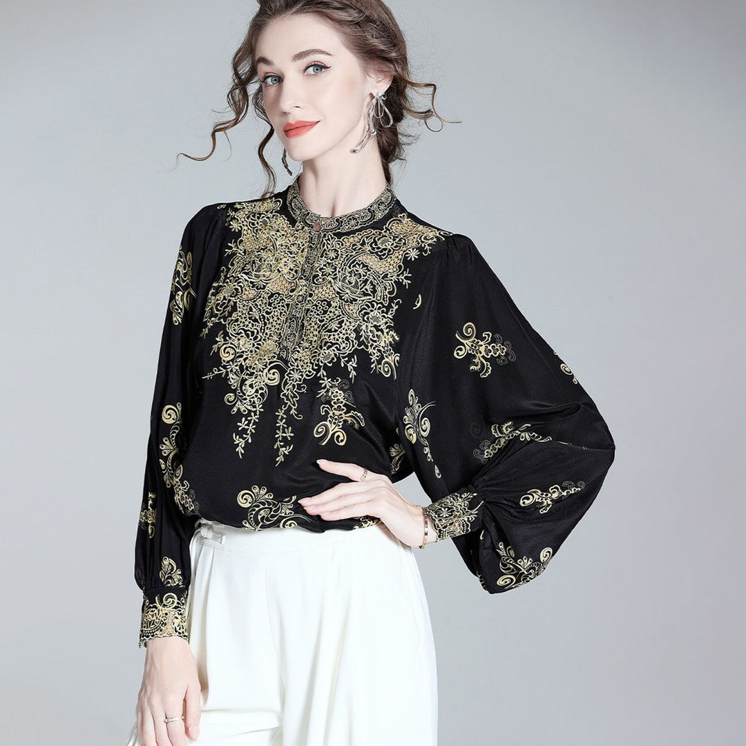 Elegant Black and Gold Floral Embroidered Women's 100% Mulberry Silk Blouse Long Sleeve Shirt