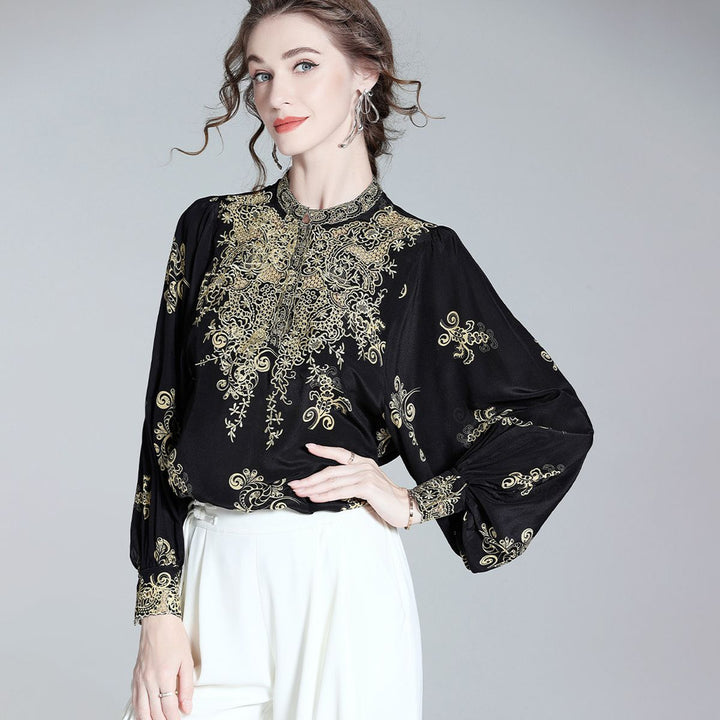 Elegant Black and Gold Floral Embroidered Women's 100% Mulberry Silk Blouse Long Sleeve Shirt