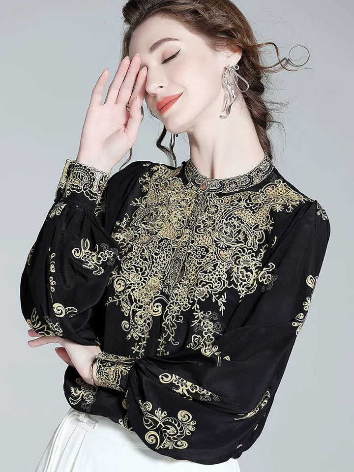 Elegant Black and Gold Floral Embroidered Women's 100% Mulberry Silk Blouse Long Sleeve Shirt