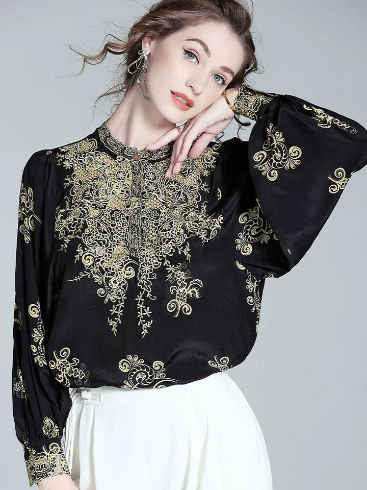 Elegant Black and Gold Floral Embroidered Women's 100% Mulberry Silk Blouse Long Sleeve Shirt
