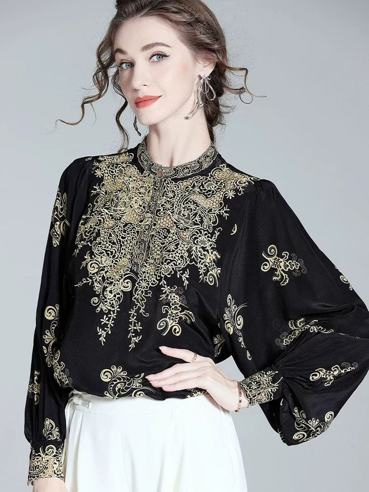 Elegant Black and Gold Floral Embroidered Women's 100% Mulberry Silk Blouse Long Sleeve Shirt