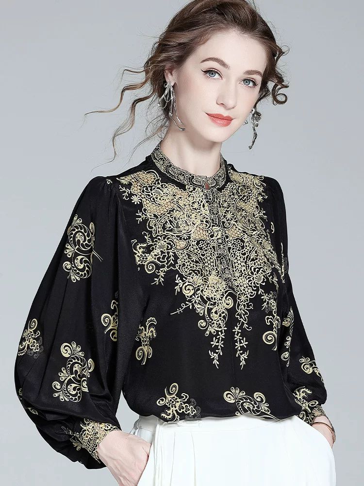Elegant Black and Gold Floral Embroidered Women's 100% Mulberry Silk Blouse Long Sleeve Shirt