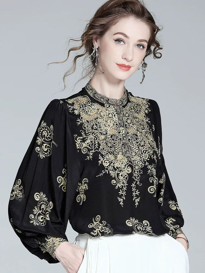 Elegant Black and Gold Floral Embroidered Women's 100% Mulberry Silk Blouse Long Sleeve Shirt