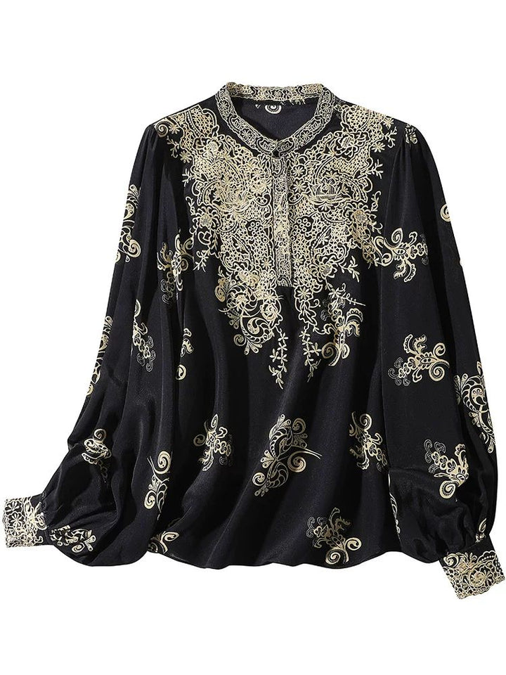 Elegant Black and Gold Floral Embroidered Women's 100% Mulberry Silk Blouse Long Sleeve Shirt