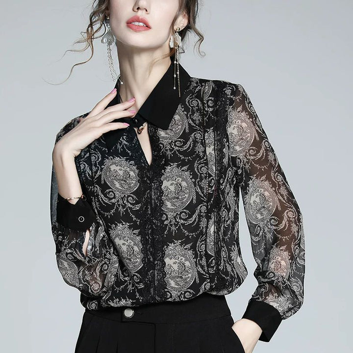 Women's Elegant Vintage Print Long Sleeve 100% Mulberry Silk Blouse Pointed Collar Shirt