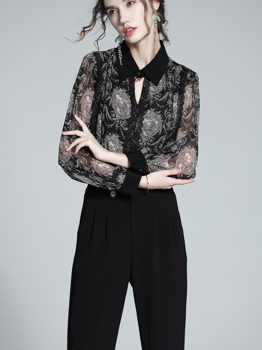 Women's Elegant Vintage Print Long Sleeve 100% Mulberry Silk Blouse Pointed Collar Shirt