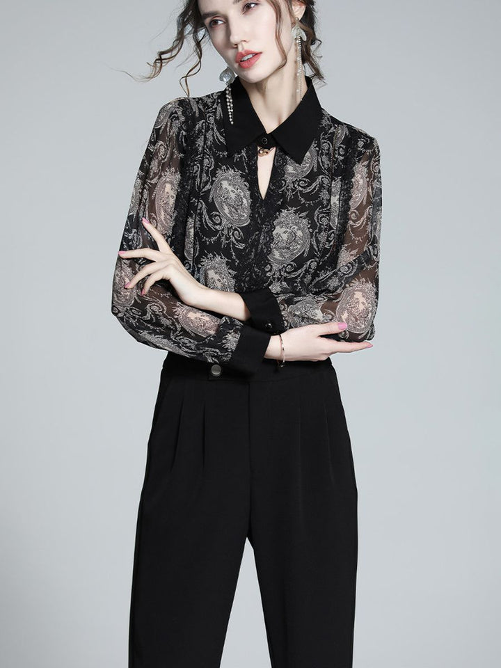 Women's Elegant Vintage Print Long Sleeve 100% Mulberry Silk Blouse Pointed Collar Shirt
