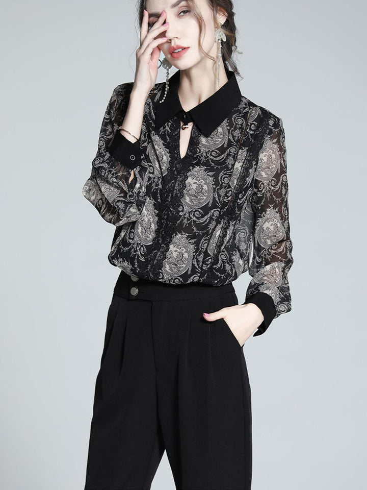 Women's Elegant Vintage Print Long Sleeve 100% Mulberry Silk Blouse Pointed Collar Shirt