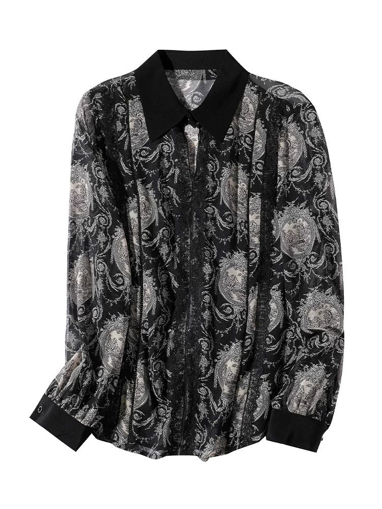 Women's Elegant Vintage Print Long Sleeve 100% Mulberry Silk Blouse Pointed Collar Shirt