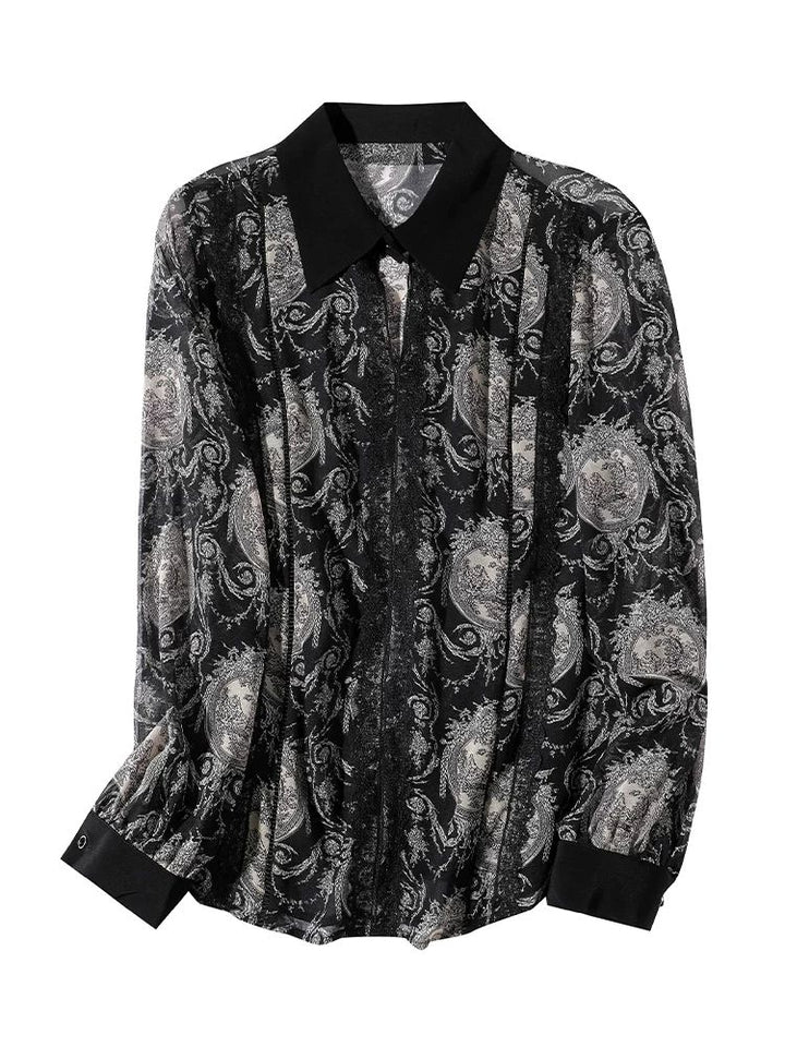 Women's Elegant Vintage Print Long Sleeve 100% Mulberry Silk Blouse Pointed Collar Shirt