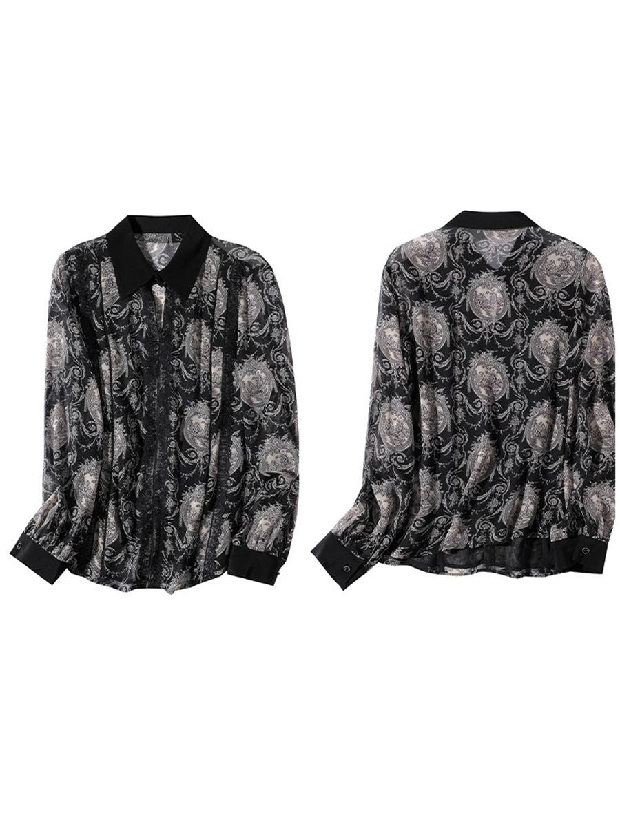 Women's Elegant Vintage Print Long Sleeve 100% Mulberry Silk Blouse Pointed Collar Shirt