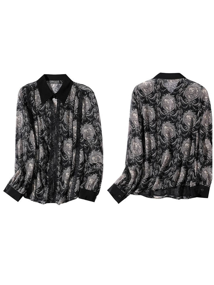 Women's Elegant Vintage Print Long Sleeve 100% Mulberry Silk Blouse Pointed Collar Shirt