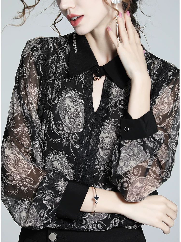 Women's Elegant Vintage Print Long Sleeve 100% Mulberry Silk Blouse Pointed Collar Shirt