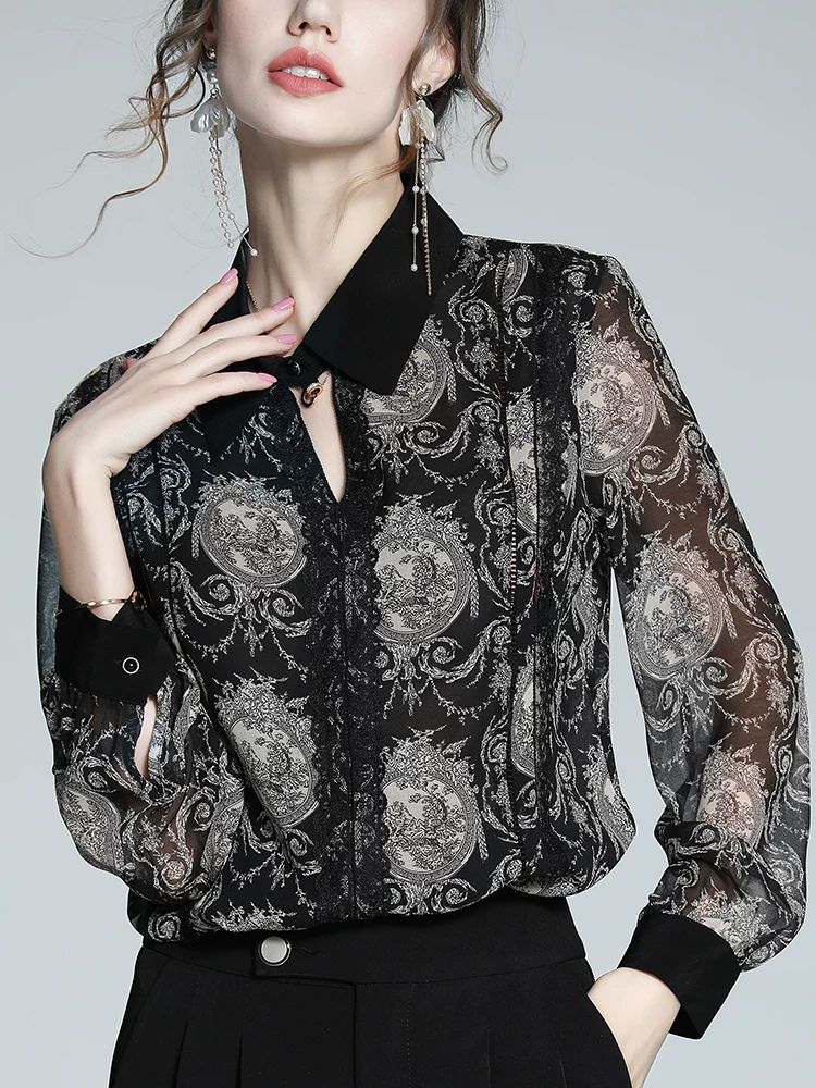 Women's Elegant Vintage Print Long Sleeve 100% Mulberry Silk Blouse Pointed Collar Shirt