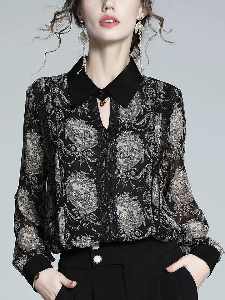 Women's Elegant Vintage Print Long Sleeve 100% Mulberry Silk Blouse Pointed Collar Shirt