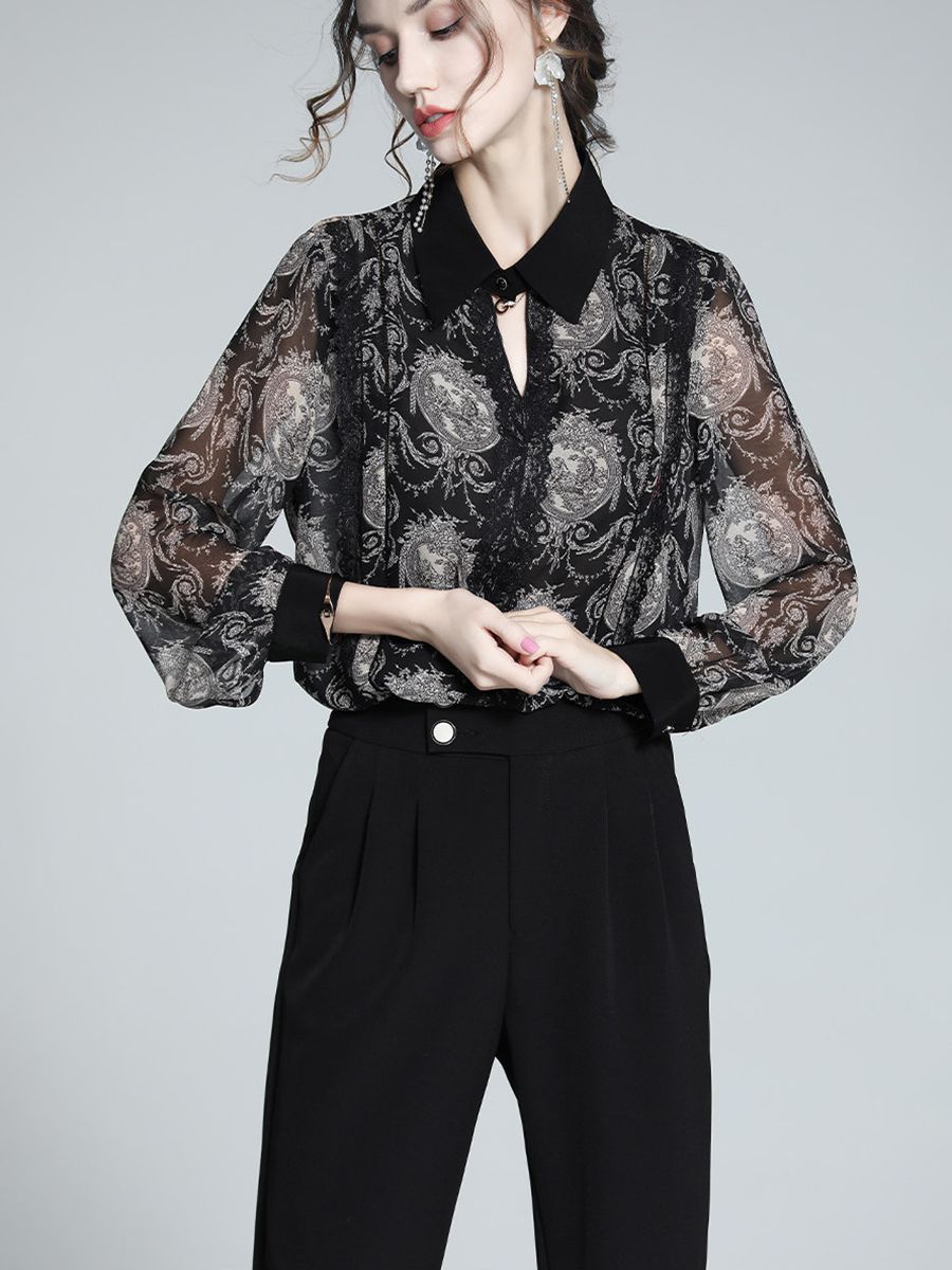 Women's Elegant Vintage Print Long Sleeve 100% Mulberry Silk Blouse Pointed Collar Shirt