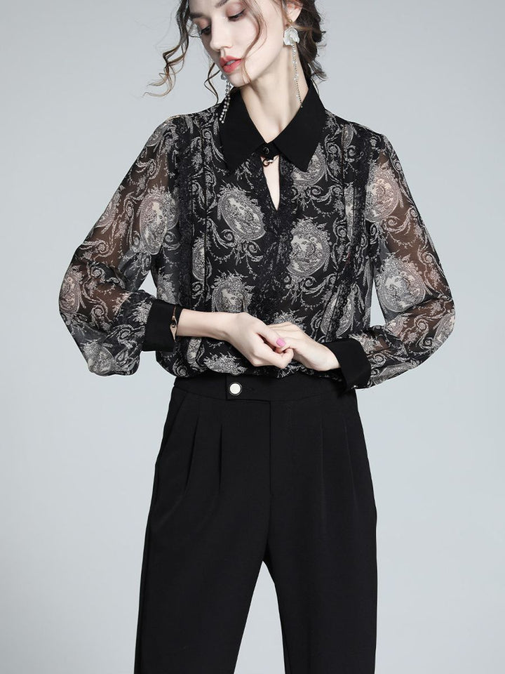 Women's Elegant Vintage Print Long Sleeve 100% Mulberry Silk Blouse Pointed Collar Shirt