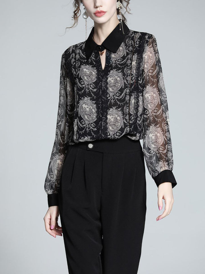 Women's Elegant Vintage Print Long Sleeve 100% Mulberry Silk Blouse Pointed Collar Shirt