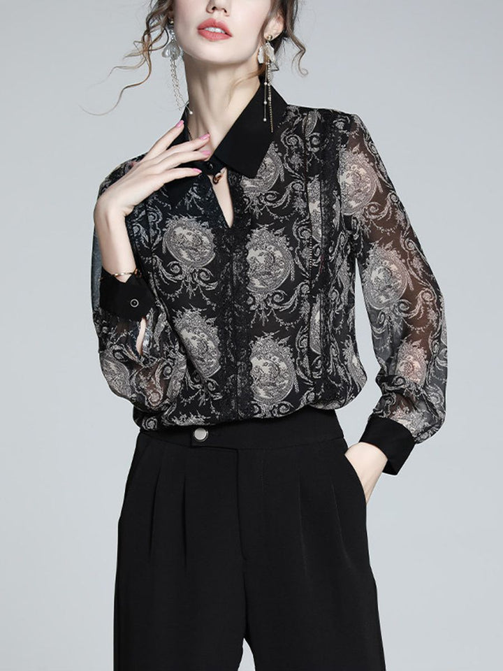 Women's Elegant Vintage Print Long Sleeve 100% Mulberry Silk Blouse Pointed Collar Shirt