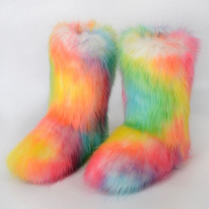 Vibrant Patchwork Faux Fur Boots Women Colorful Winter Furry Snow Boots Footwear