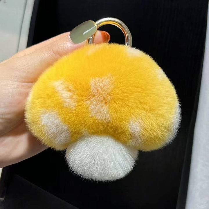 Cute Real Rex Rabbit Fur Mushroom Plush Keychain with White Polka Dots