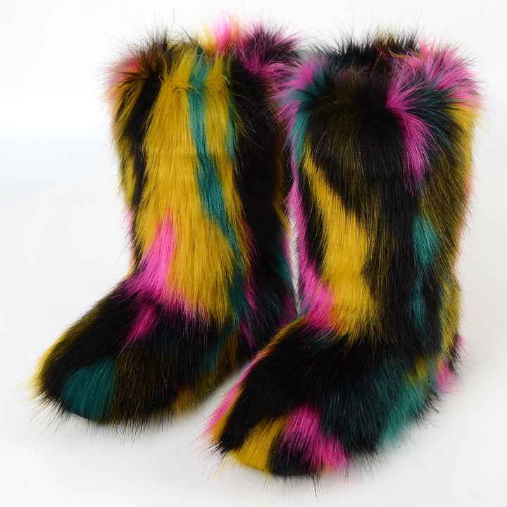 Vibrant Patchwork Faux Fur Boots Women Colorful Winter Furry Snow Boots Footwear