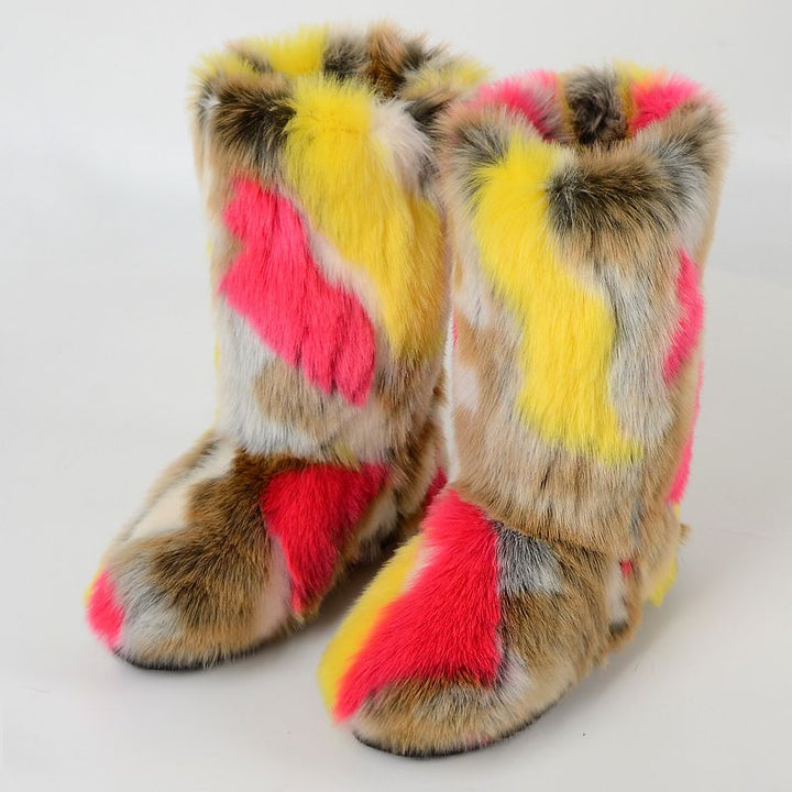 Vibrant Patchwork Faux Fur Boots Women Colorful Winter Furry Snow Boots Footwear