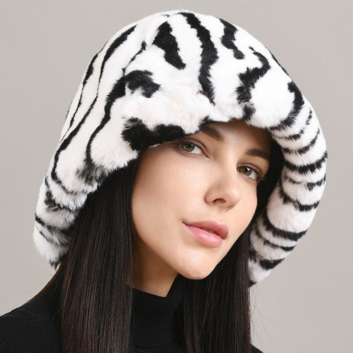 Luxury Animal Pattern Real Rabbit Fur Hat for Women Soft Leopard Winter Bucket Hat