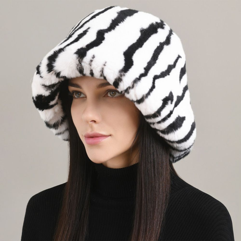 Luxury Animal Pattern Real Rabbit Fur Hat for Women Soft Leopard Winter Bucket Hat