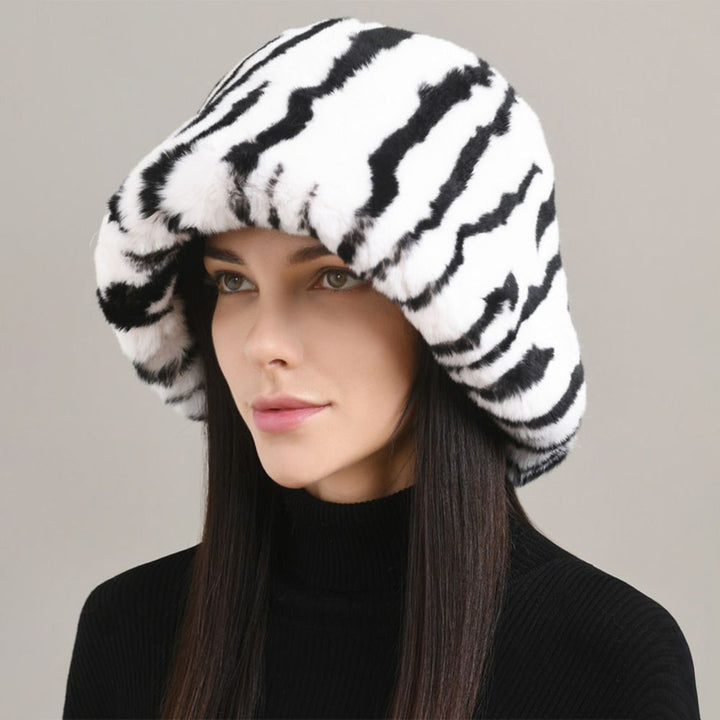 Luxury Animal Pattern Real Rabbit Fur Hat for Women Soft Leopard Winter Bucket Hat