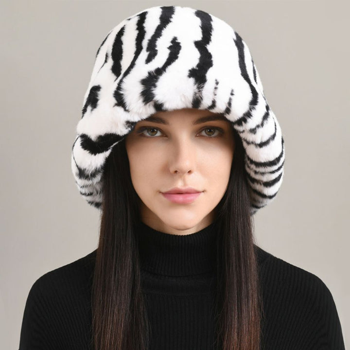 Luxury Animal Pattern Real Rabbit Fur Hat for Women Soft Leopard Winter Bucket Hat