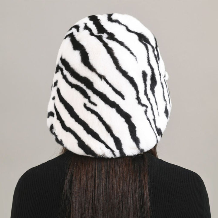 Luxury Animal Pattern Real Rabbit Fur Hat for Women Soft Leopard Winter Bucket Hat