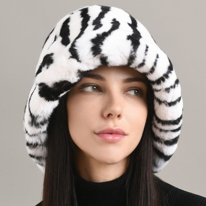 Luxury Animal Pattern Real Rabbit Fur Hat for Women Soft Leopard Winter Bucket Hat