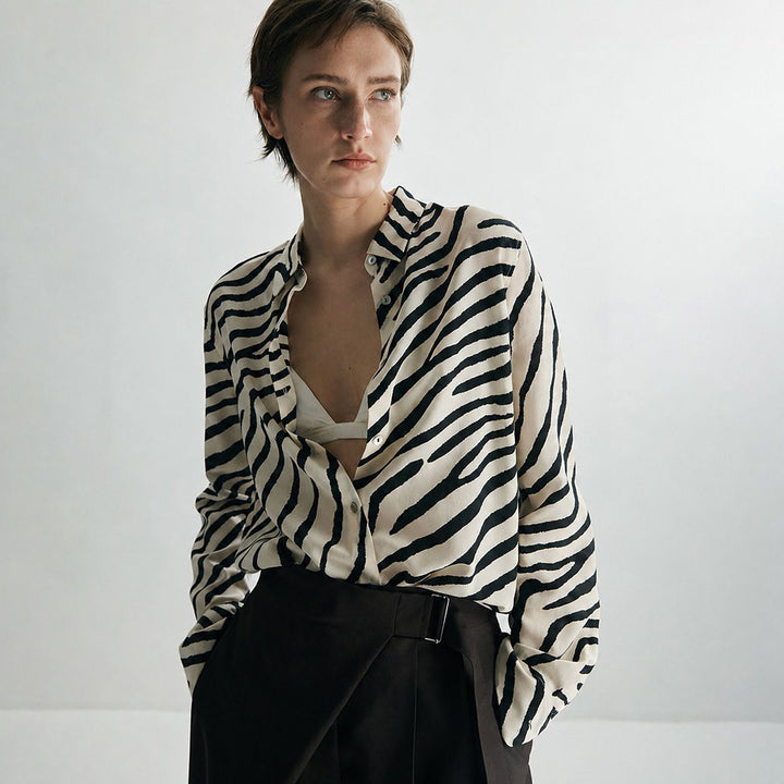 Zebra Print Mulberry Silk Shirt for Women Relaxed Fit Luxury Silk Button-Down Blouse